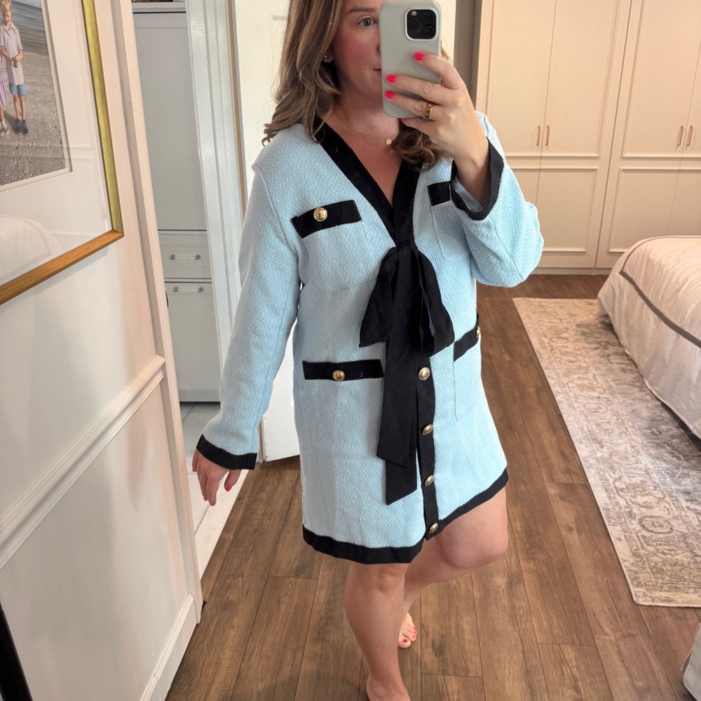 Light Blue Mini Dress with Black Trim and Bow